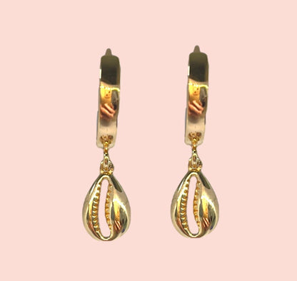 18K Gold Plated Cowrie shell charm Heart Huggies Hoop Earrings beach summer ocean