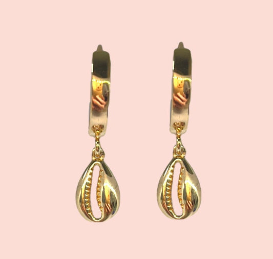 18K Gold Plated Cowrie shell charm Heart Huggies Hoop Earrings beach summer ocean