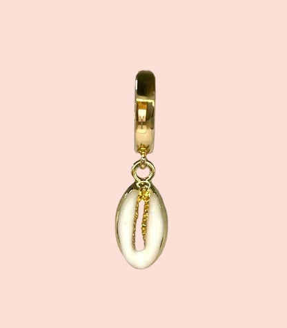 18K Gold Plated Cowrie white & gold shell charm Heart Huggies Hoop Earrings beach summer ocean