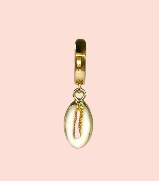 18K Gold Plated Cowrie white & gold shell charm Heart Huggies Hoop Earrings beach summer ocean