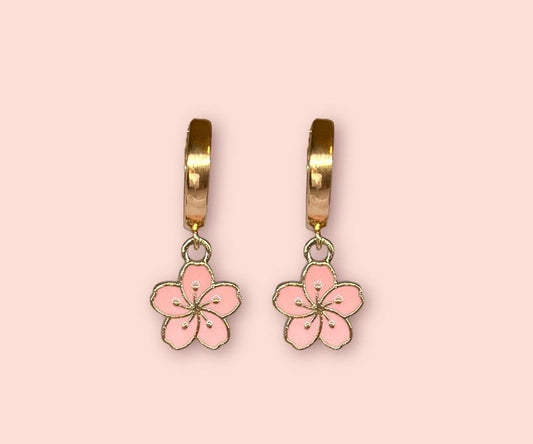 18K Gold Plated Pink Hibiscus Flower Huggies Hoop Earrings