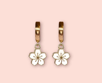 18K Gold Plated White Hibiscus Flower Huggies Hoop Earrings