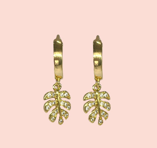 18K Gold Plated Tropical palm monstera leaf charm Huggies Hoop Cubic Zirconia Earrings dangly