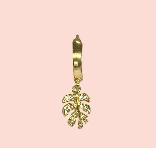 18K Gold Plated Tropical palm monstera leaf charm Huggies Hoop Cubic Zirconia Earrings dangly