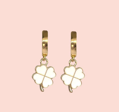 18K Gold Plated White & Gold Clover Van Cleef style Charm Huggies Hoop Earrings