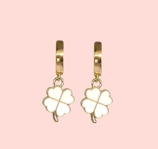 18K Gold Plated White & Gold Clover Van Cleef style Charm Huggies Hoop Earrings