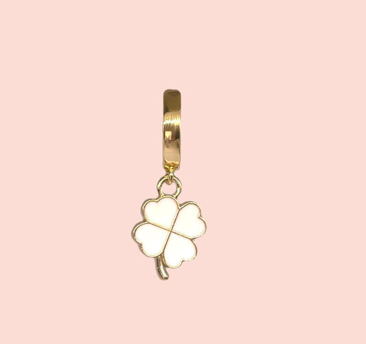 18K Gold Plated White & Gold Clover Van Cleef style Charm Huggies Hoop Earrings