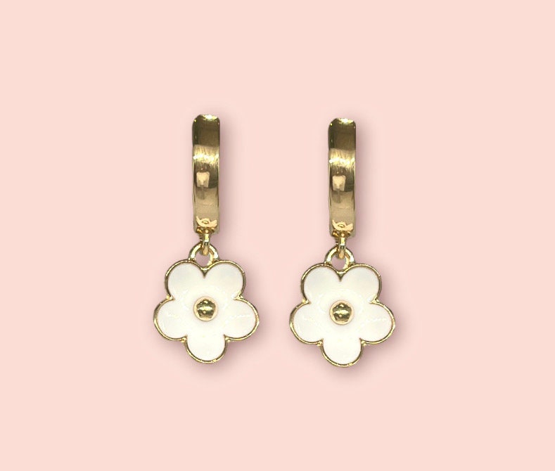 18K Gold Plated White & Gold Flower charm Huggies Hoop Earrings