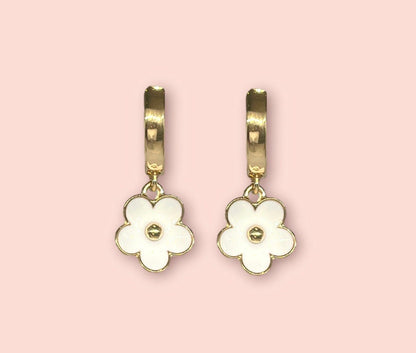 18K Gold Plated White & Gold Flower charm Huggies Hoop Earrings
