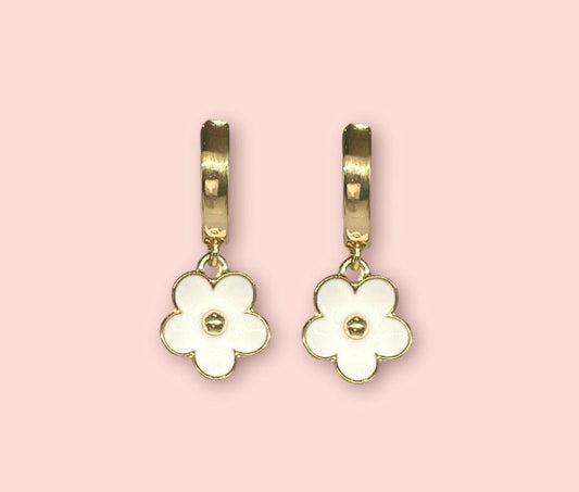 18K Gold Plated White & Gold Flower charm Huggies Hoop Earrings