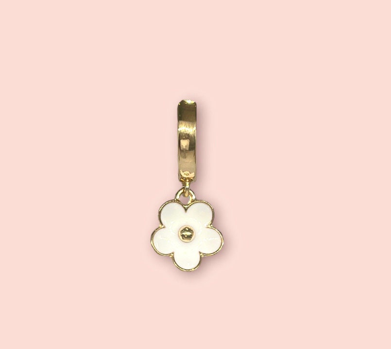 18K Gold Plated White & Gold Flower charm Huggies Hoop Earrings