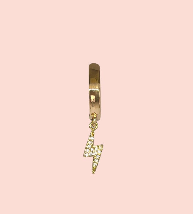 18K Gold Plated Lightning Bolt Charm Huggies Hoop Cubic Zirconia Earrings dangly