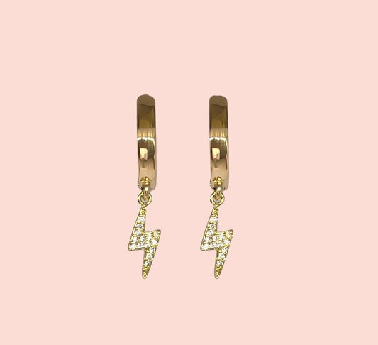 18K Gold Plated Lightning Bolt Charm Huggies Hoop Cubic Zirconia Earrings dangly
