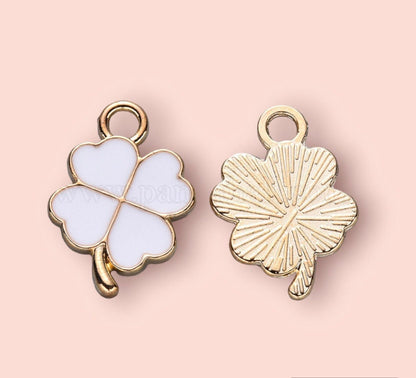 18K Gold Plated White & Gold Clover Van Cleef style Charm Huggies Hoop Earrings