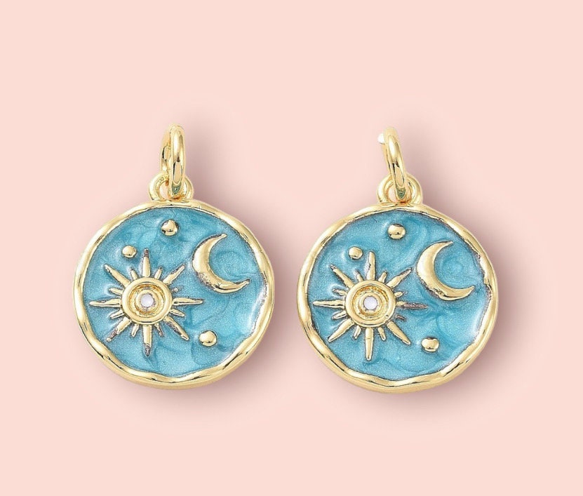 18K Gold Plated Huggies hoop Sun & Moon charm turquoise blue green disc Earrings dangly