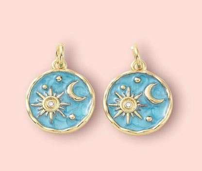 18K Gold Plated Huggies hoop Sun & Moon charm turquoise blue green disc Earrings dangly