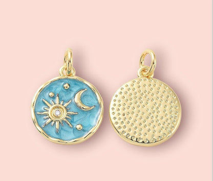 18K Gold Plated Huggies hoop Sun & Moon charm turquoise blue green disc Earrings dangly