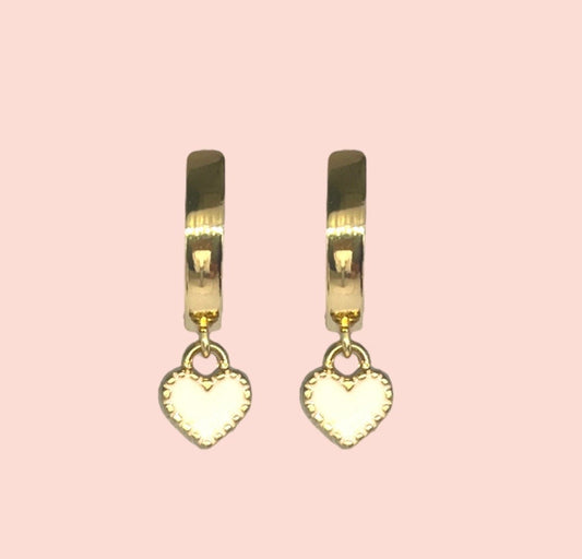 18K Gold Plated Mini Heart Huggies Hoop Earrings - White & Gold