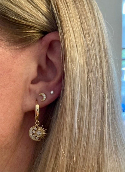 18K Gold Plated Huggies hoop Sun & Moon charm Earrings dangly