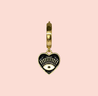 18K Gold Plated Black Heart Evil Eye charm Heart Huggies Hoop Earrings