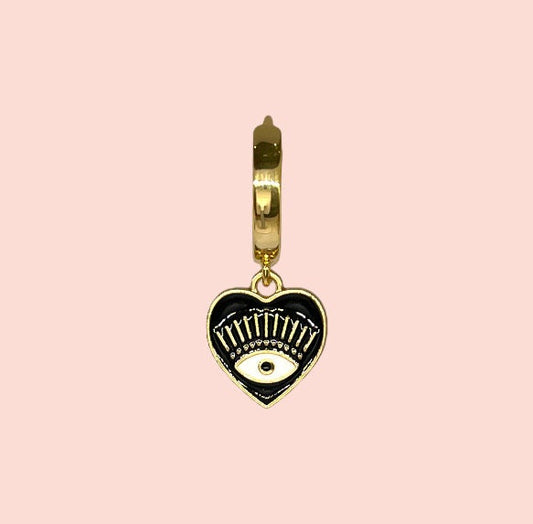 18K Gold Plated Black Heart Evil Eye charm Heart Huggies Hoop Earrings
