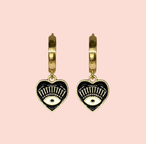 18K Gold Plated Black Heart Evil Eye charm Heart Huggies Hoop Earrings