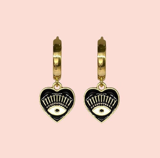 18K Gold Plated Black Heart Evil Eye charm Heart Huggies Hoop Earrings