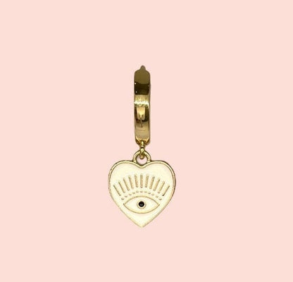 18K Gold Plated White Heart Evil Eye charm Heart Huggies Hoop Earrings