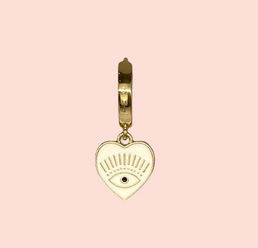 18K Gold Plated White Heart Evil Eye charm Heart Huggies Hoop Earrings