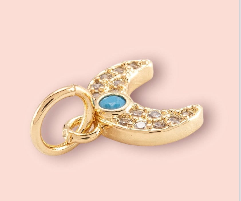 18K Gold Plated Huggies Hoop Earrings with cubic zirconia Moon Turquoise stone dangly charm