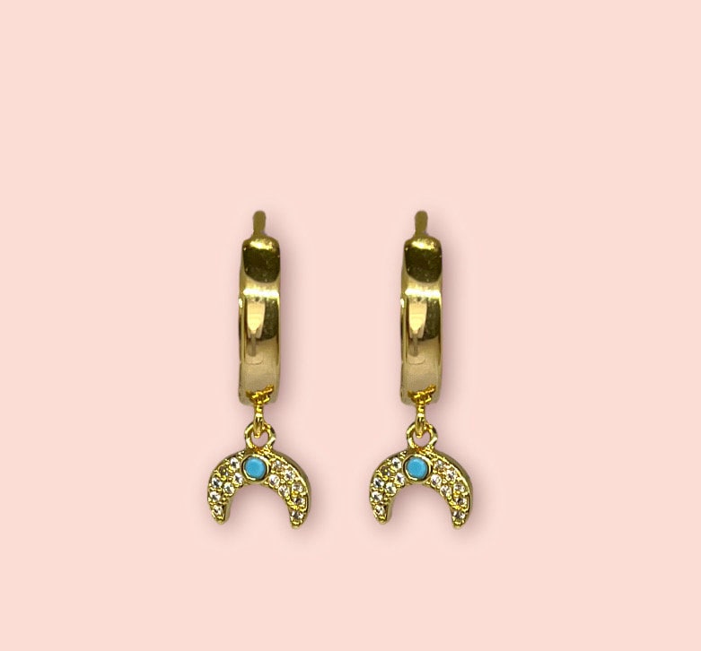 18K Gold Plated Huggies Hoop Earrings with cubic zirconia Moon Turquoise stone dangly charm