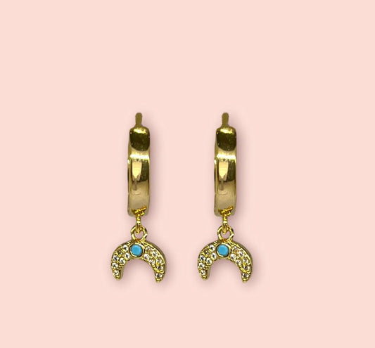 18K Gold Plated Huggies Hoop Earrings with cubic zirconia Moon Turquoise stone dangly charm