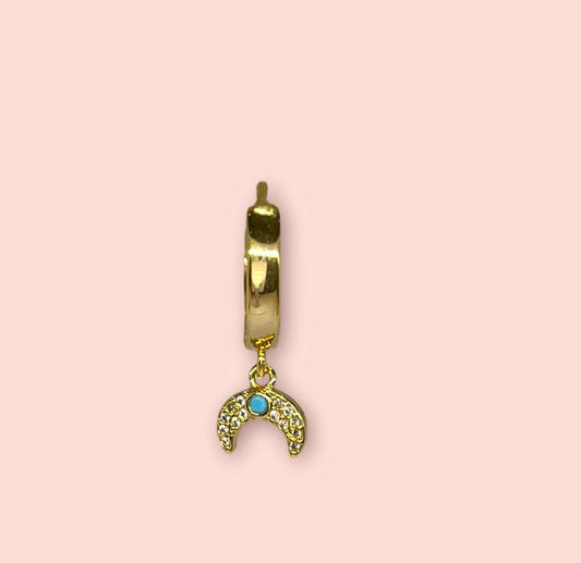 18K Gold Plated Huggies Hoop Earrings with cubic zirconia Moon Turquoise stone dangly charm