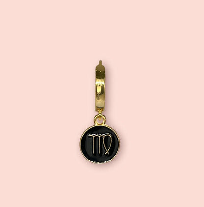 18K Gold Plated Huggies Hoop Earrings with Black & Gold Zodiac Star Birth Sign Charm! Birthday, Astrology