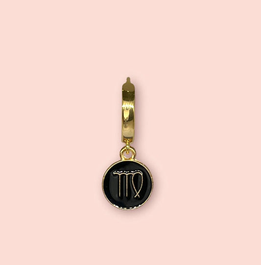 18K Gold Plated Huggies Hoop Earrings with Black & Gold Zodiac Star Birth Sign Charm! Birthday, Astrology