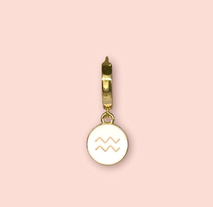 18K Gold Plated Huggies Hoop Earrings with White Zodiac Star Birth Sign Charm! Astrology, Birthday Gift