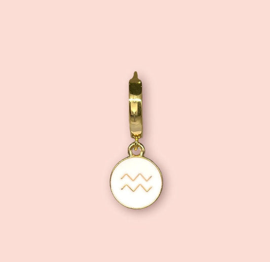 18K Gold Plated Huggies Hoop Earrings with White Zodiac Star Birth Sign Charm! Astrology, Birthday Gift
