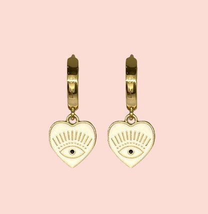 18K Gold Plated White Heart Evil Eye charm Heart Huggies Hoop Earrings