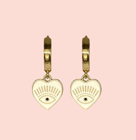 18K Gold Plated White Heart Evil Eye charm Heart Huggies Hoop Earrings