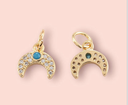 18K Gold Plated Huggies Hoop Earrings with cubic zirconia Moon Turquoise stone dangly charm