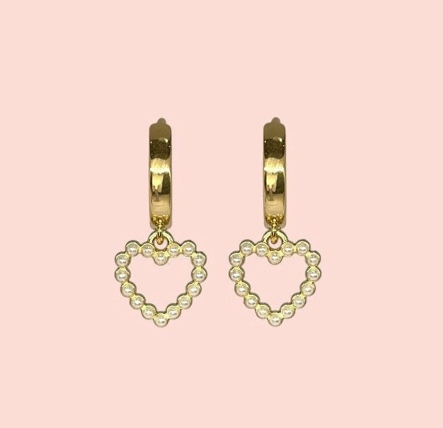 18K Gold Plated Heart Huggies Hoop Earrings - White pearl heart charm Taylor Swift Swifty