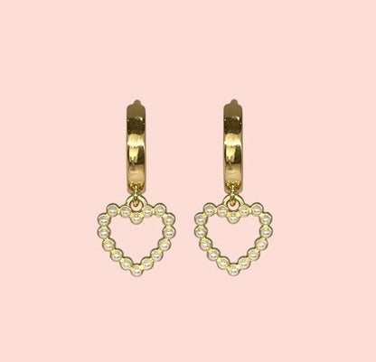 18K Gold Plated Heart Huggies Hoop Earrings - White pearl heart charm Taylor Swift Swifty