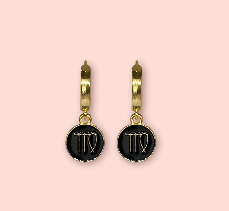 18K Gold Plated Huggies Hoop Earrings with Black & Gold Zodiac Star Birth Sign Charm! Birthday, Astrology