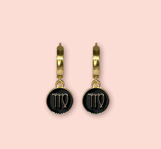 18K Gold Plated Huggies Hoop Earrings with Black & Gold Zodiac Star Birth Sign Charm! Birthday, Astrology