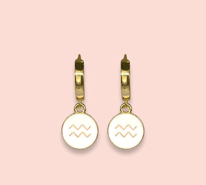 18K Gold Plated Huggies Hoop Earrings with White Zodiac Star Birth Sign Charm! Astrology, Birthday Gift