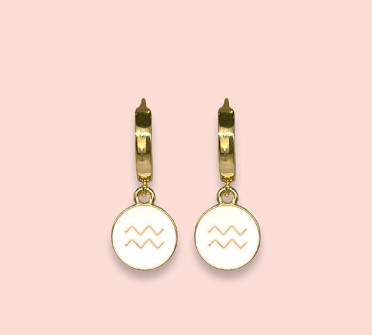 18K Gold Plated Huggies Hoop Earrings with White Zodiac Star Birth Sign Charm! Astrology, Birthday Gift