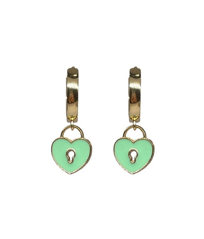 18K Gold Plated Heart Huggies Hoop Earrings - Pink or Green Padlock charm