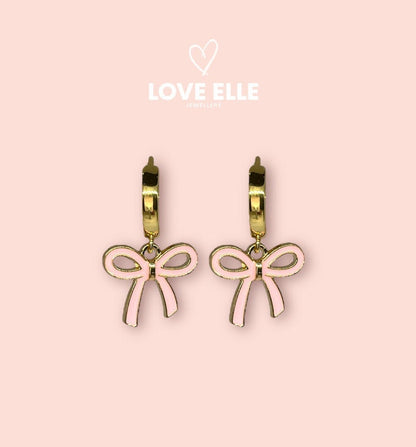 18K Gold Plated Pink Bow Huggies Hoop Earrings!