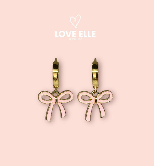 18K Gold Plated Pink Bow Huggies Hoop Earrings!