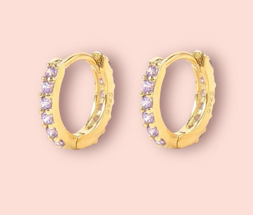 18K Gold Plated Cubic Zirconia Purple Lilac Gem Sparkle Mini Hoop Earrings